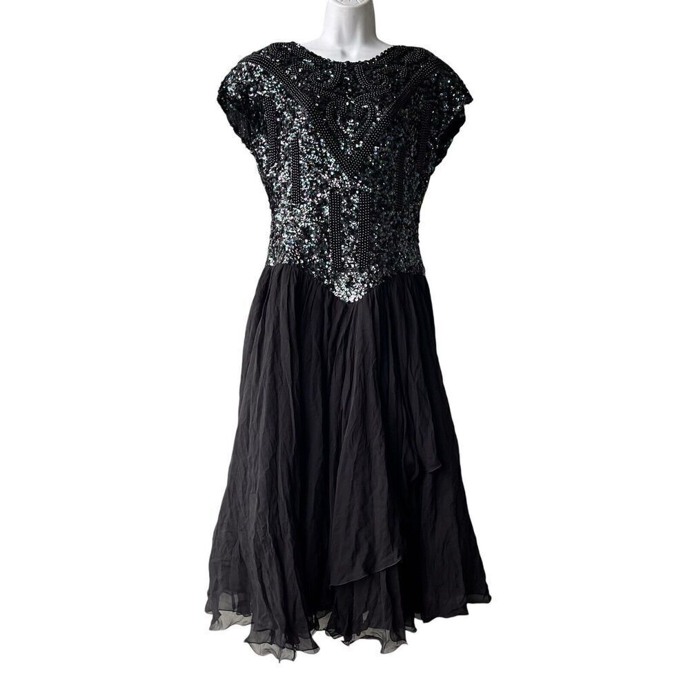 Vtg OLEG CASSINI Silk Evening Dress 8 Beaded Sequins Black Sheer Midi Whimsigoth